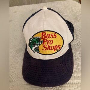Bass Pro Shops Navy And White Embroidered Logo Mesh Trucker Snapback Hat Cap